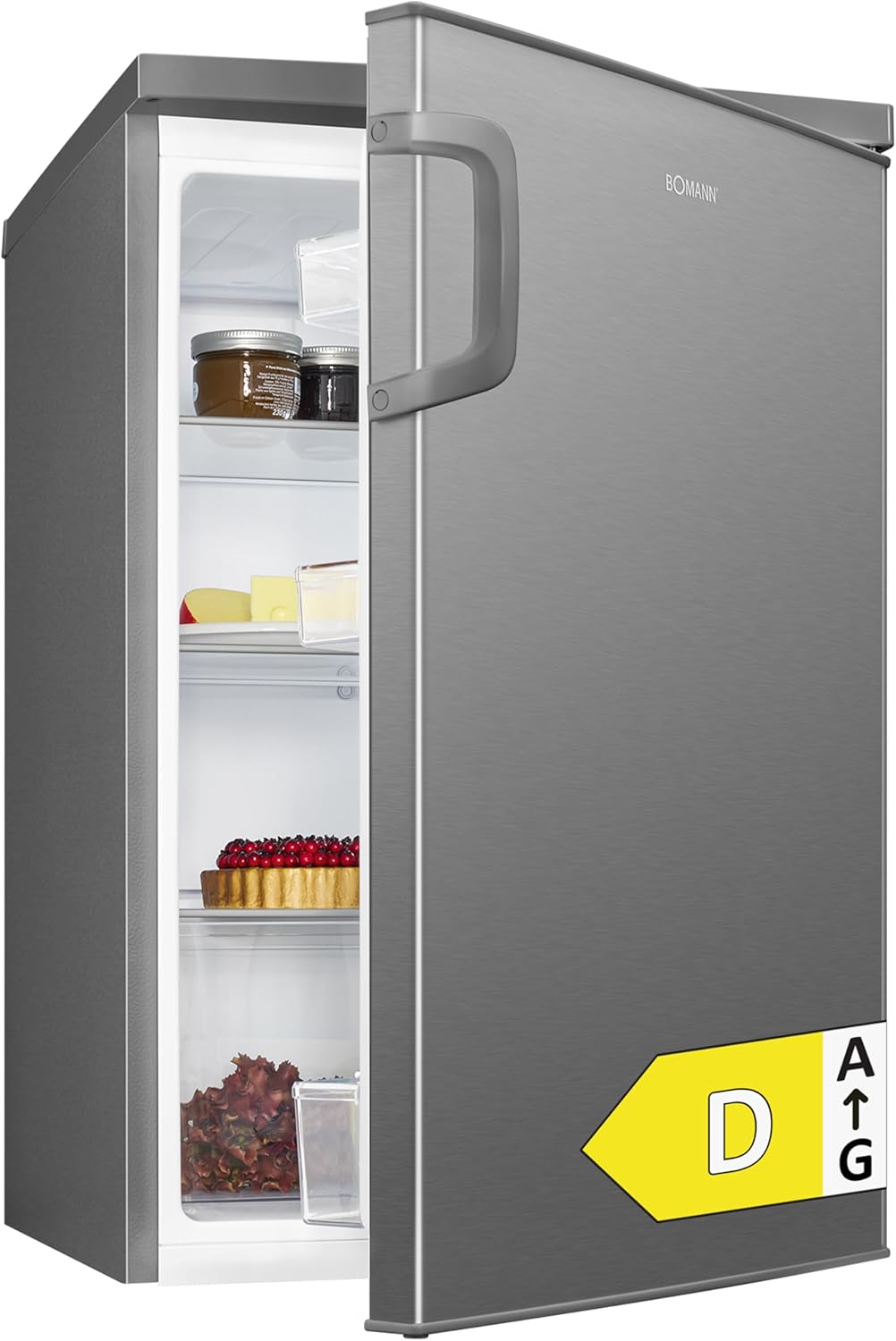 Refrigerador Bomann® sin congelador | Clase energética D | 85cm | silencioso 39dB | 3 estantes | puerta reversible | 133L | frigorífico pequeño con cajón para verduras | frigorífico estándar | VS 2195.1 inox