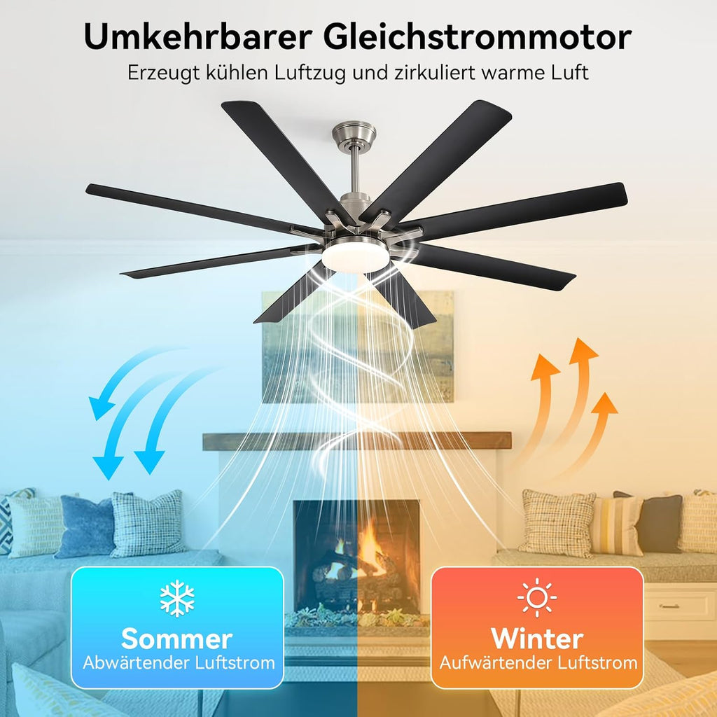 Ventilador de techo Sofucor de 132 cm con luz, ventilador de techo silencioso con luz y control remoto, CC, 8 aspas, 3 temperaturas de color, temporizador, 6 velocidades, modo verano e invierno para salón