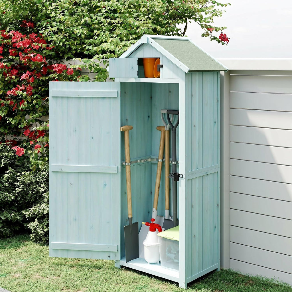Armario de jardín Outsunny de madera, cobertizo resistente a la intemperie 77x54,2x179cm, caseta con puerta, techo a dos aguas, armario con estantes, armario para herramientas, cobertizo para jardín, terraza, azul claro+verde