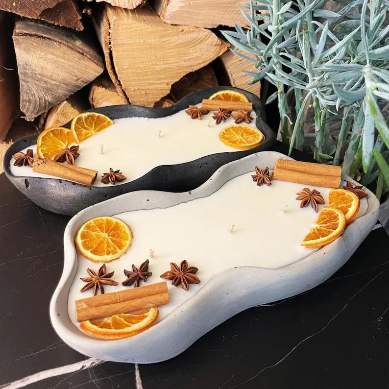 Vela de hormigón con cera de soja, aroma a toffee de vainilla, 3 mechas, 30 cm, naranja y canela