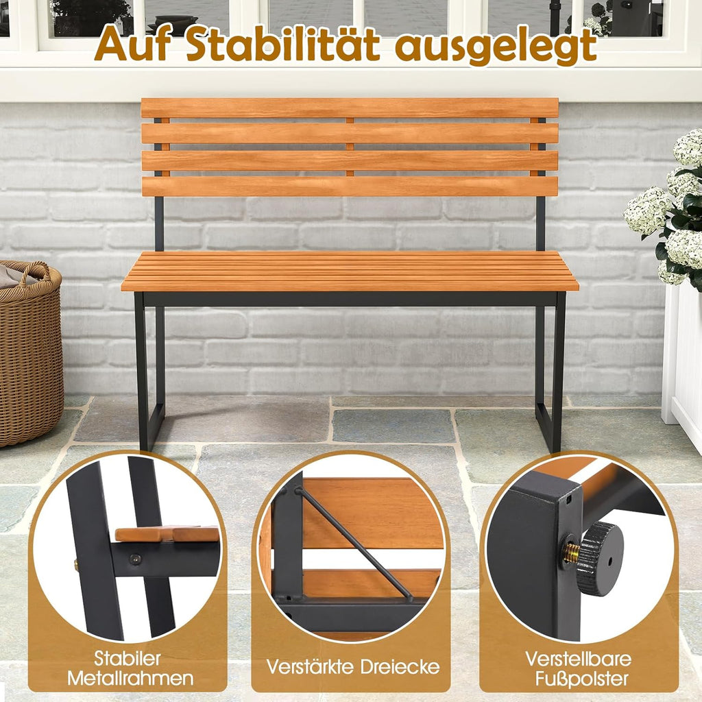 COSTWAY Gartenbank Holz, Holzbank wetterfest, 2-Sitzer Sitzbank aus Akazienholz, Balkonbank mit Metallrahmen, Terrassenbank bis 360 kg belastbar, Parkbank für Garten, Balkon, Terrasse