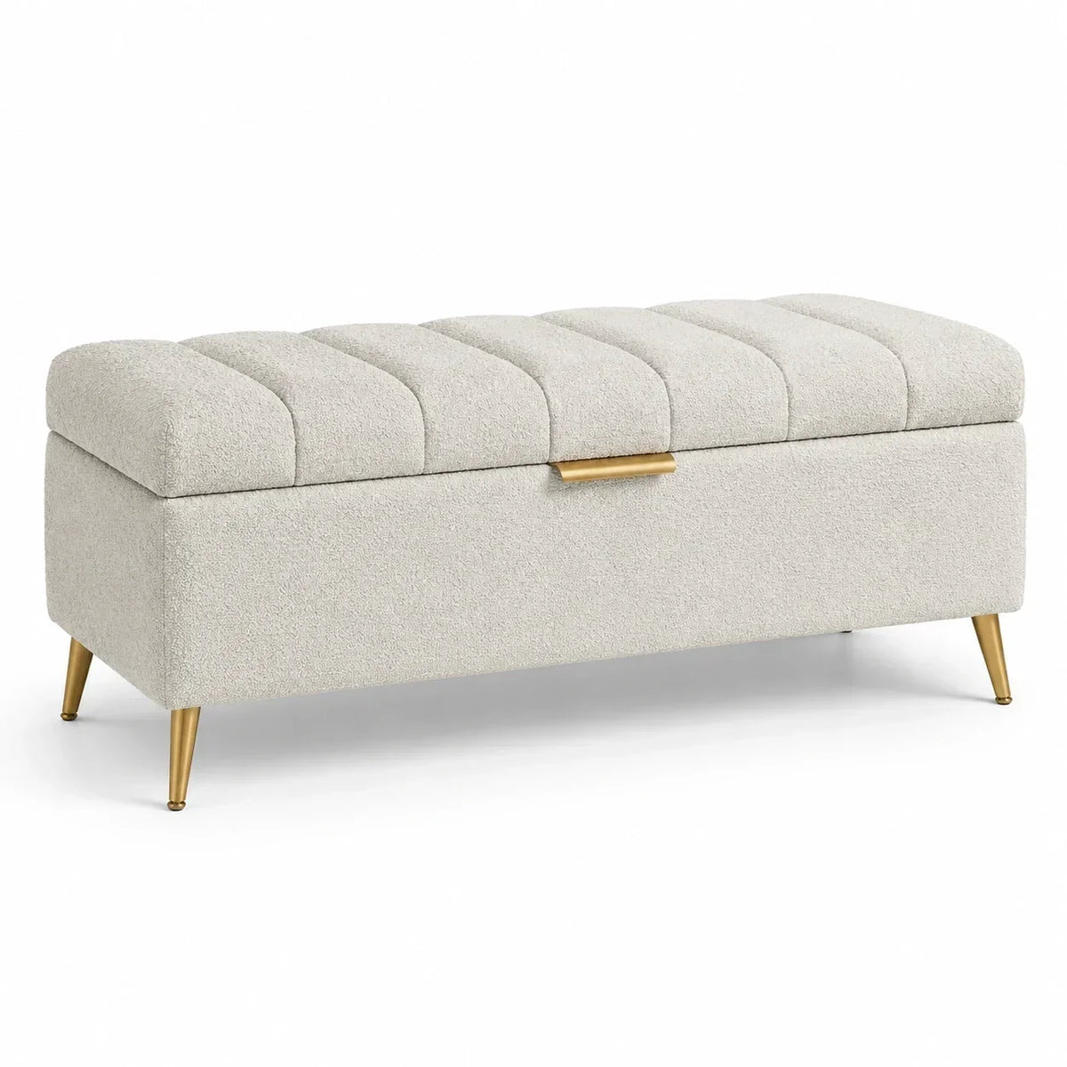 Banco arcón de tela bouclé con patas de metal en beige