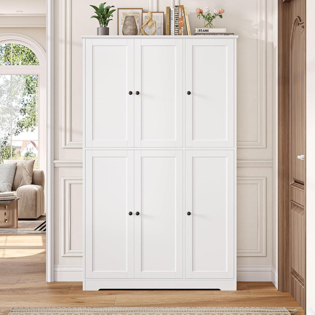 Armario de cocina FirFurd, armario multiusos de 180 cm, armario despensero, aparador con 6 puertas y estantes ajustables, armario multiusos para cocina, salón y recibidor, 180x106x37 cm, blanco