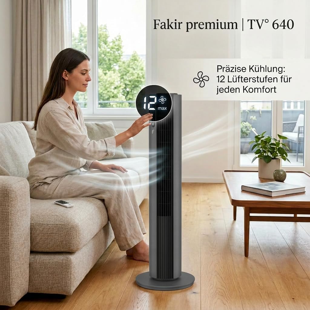 Ventilador de torre Fakir Premium TV° 640 - Ventilador silencioso de 32dB(A), motor CC, 12 niveles, temporizador de 12h, pantalla LED, mando a distancia y oscilación de 90°, purificación de aire, 450m³/h, 110cm de altura, color: antracita