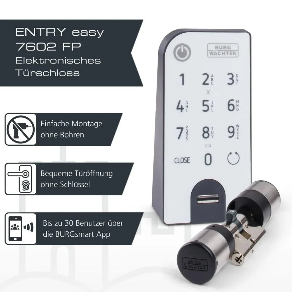 BURG-WÄCHTER Cerradura electrónica para puerta ENTRYeasy 7602 FP Cilindro Teclado App Huella dactilar Código PIN Llave inalámbrica Acero inoxidable