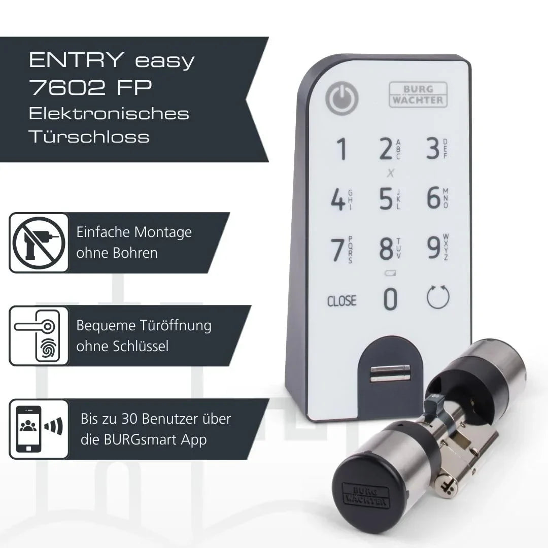BURG-WÄCHTER Cerradura electrónica para puerta ENTRYeasy 7602 FP Cilindro Teclado App Huella dactilar Código PIN Llave inalámbrica Acero inoxidable