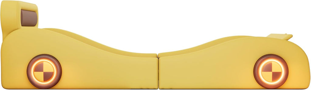 Cama infantil con forma de coche, cama juvenil 90x200, cama tapizada individual con ruedas iluminadas y espacio de almacenamiento, emocionante cama infantil de carreras, cama de juegos para niños con somier, PU, sin colchón, amarillo