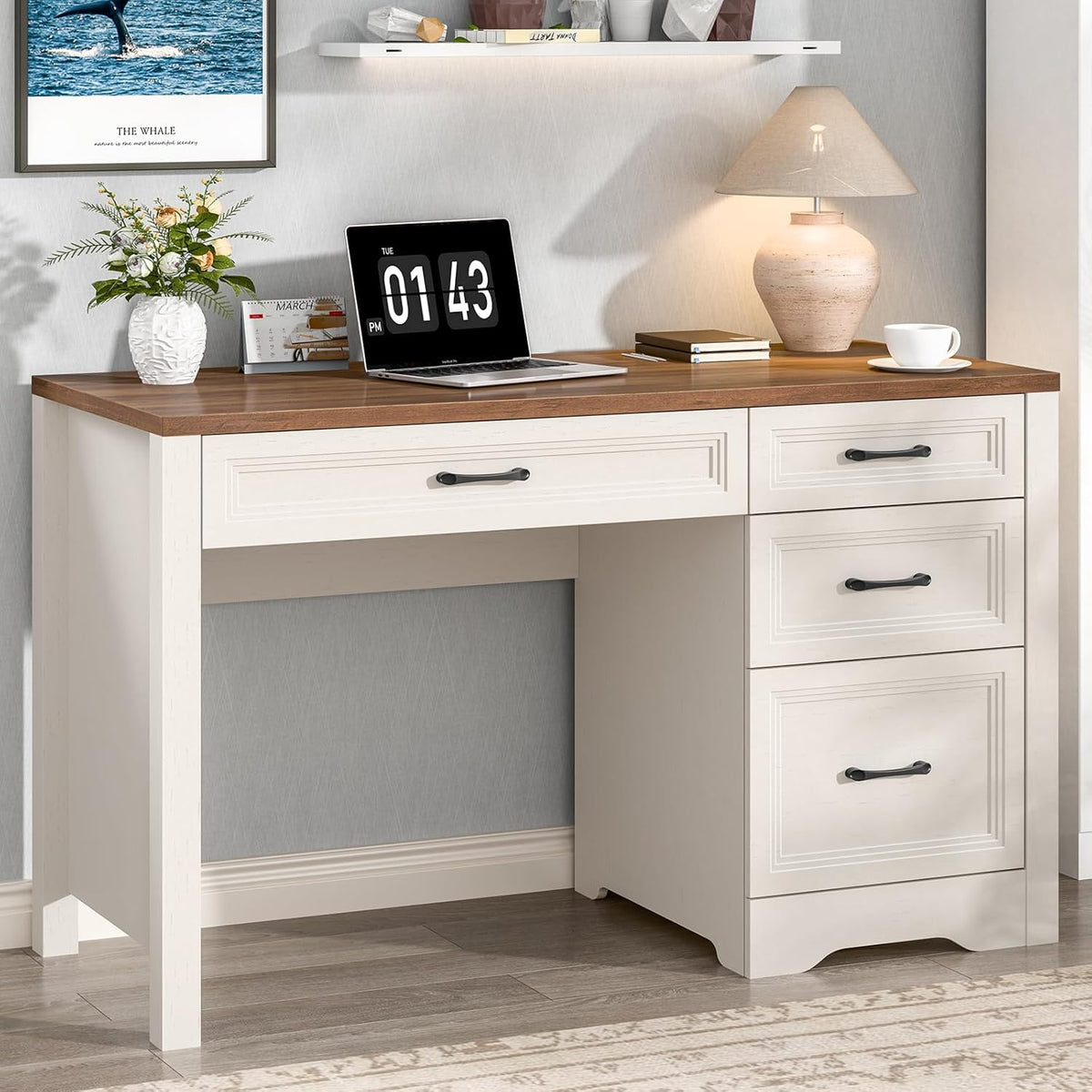 Escritorio BonVache con cajones de 120 cm, escritorio para computadora estilo granja con espacio de almacenamiento, mesa de oficina rústica de madera para oficina en casa, dormitorio y estudio, blanco