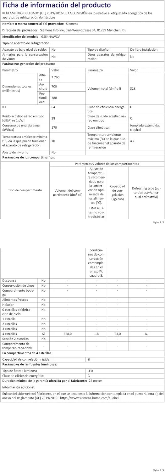 Congelador Siemens GS54NAWCV iQ500, 176 x 70 cm, 327 L, noFrost nunca más volver a descongelar, bigBox espacio para alimentos congelados grandes, varioZone estantes y cajones de cristal flexibles, Blanco
