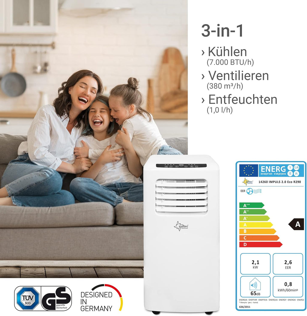 SUNTEC Aire acondicionado portátil Impuls 2.6 Eco R290 – Aire acondicionado móvil y silencioso con tubo de escape – Enfriador y deshumidificador para habitaciones de hasta 34 m² – Refrigeración móvil para hogar y oficina – 9.000 BTU | 2600 vatios