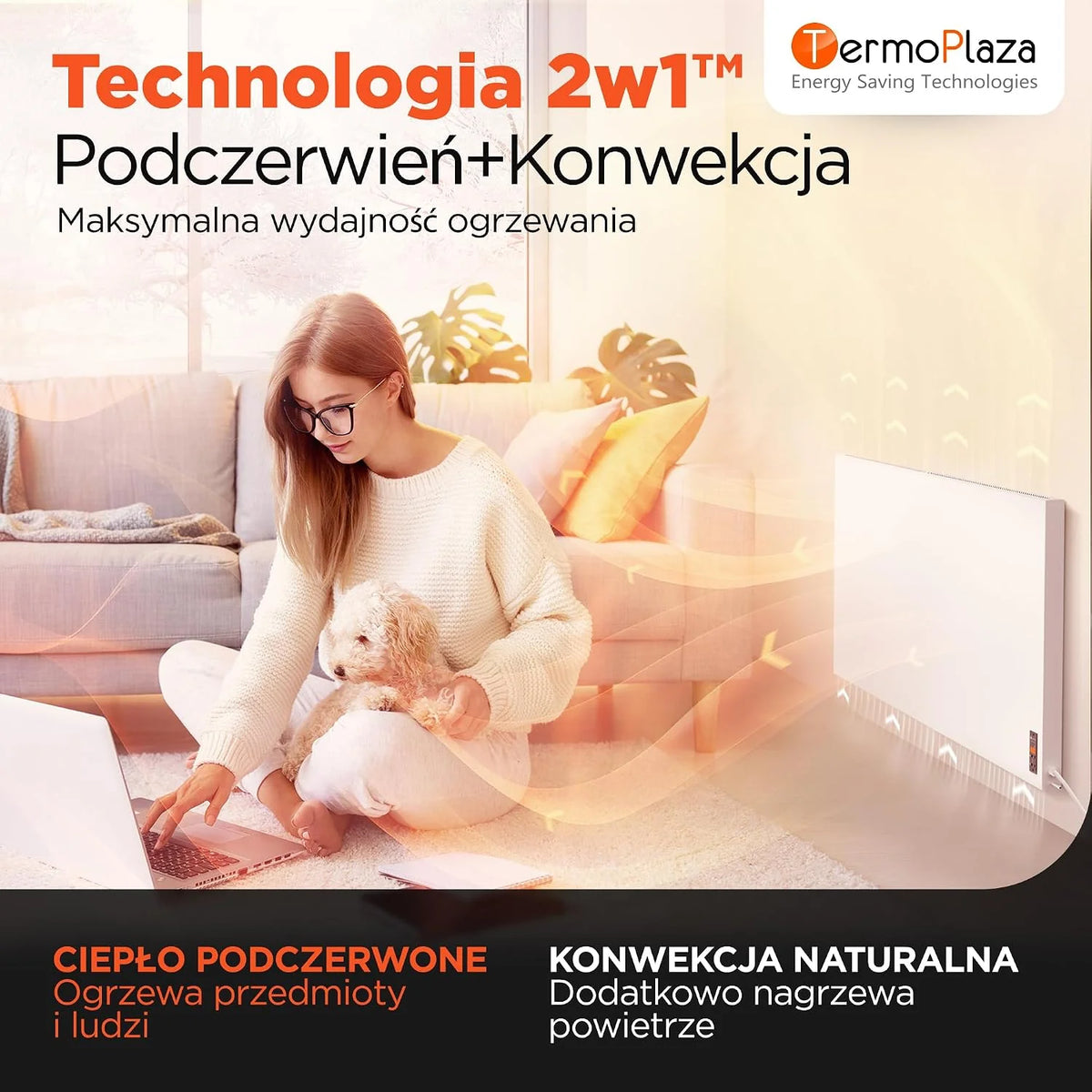 TermoPlaza WiFi Grzejnik na podczerwień z termostatem 750 W do 20 m² | Inteligentny grzejnik ścienny i stojący | Energooszczędny elektryczny grzejnik konwektorowy do pokoju i salonu
