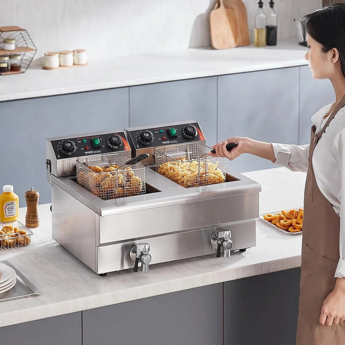 Freidora eléctrica doble de 2 x 8L 3000W, freidora de sobremesa de acero inoxidable con control de temperatura y temporizador, doble cubeta y cestas