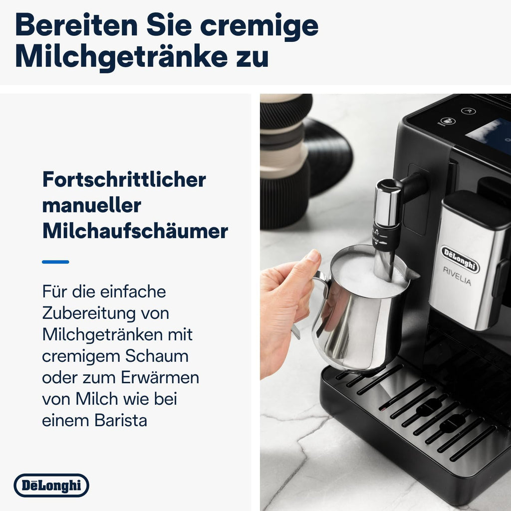 De'Longhi Rivelia EXAM440.35.B, Cafetera superautomática, granos recién molidos, contenedor de granos intercambiable, espumador de leche clásico, 8 recetas, pantalla táctil a color, negro