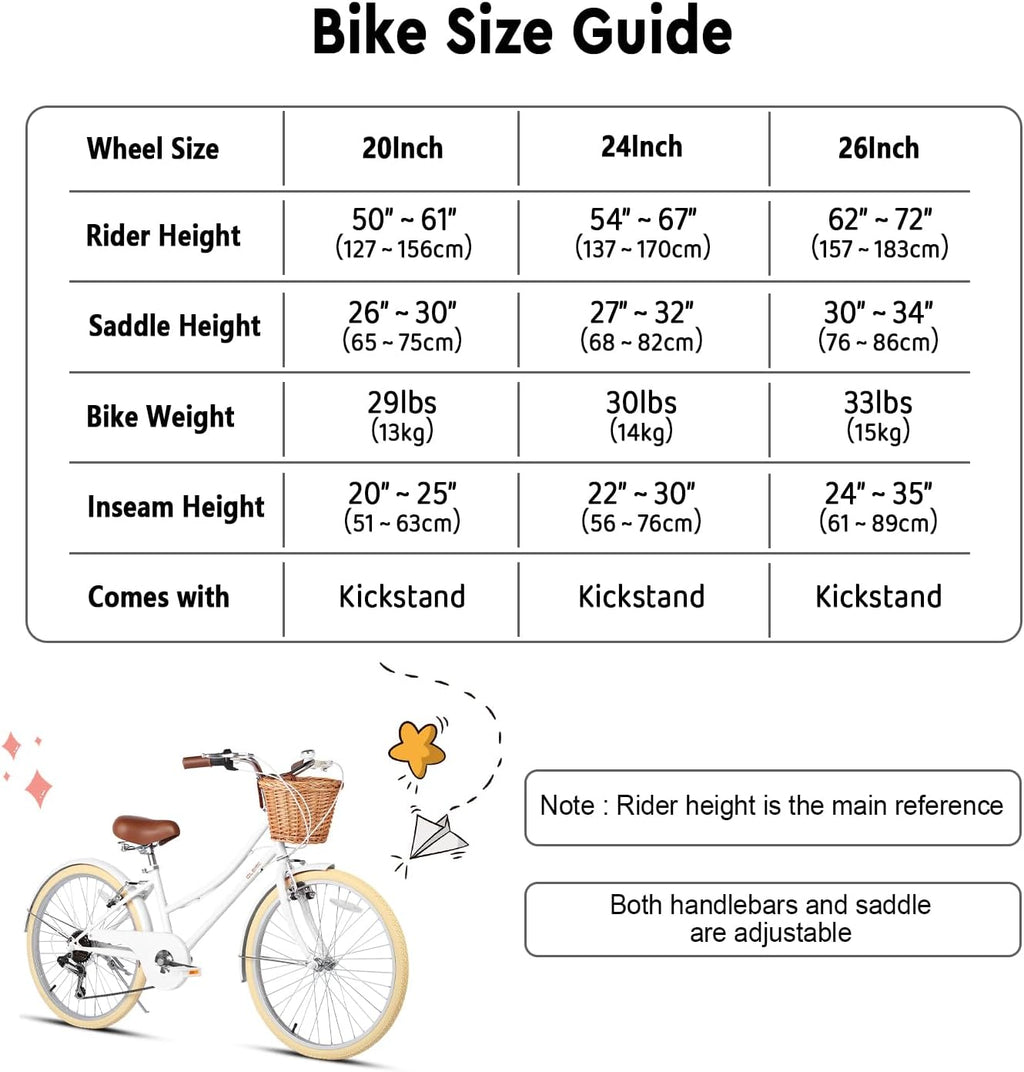 Glerc Missy 20, 24, 26 pulgadas bicicleta híbrida urbana tipo crucero para niñas, de 6 velocidades, con cesta de mimbre, para jóvenes mayores de 6 años, varios colores