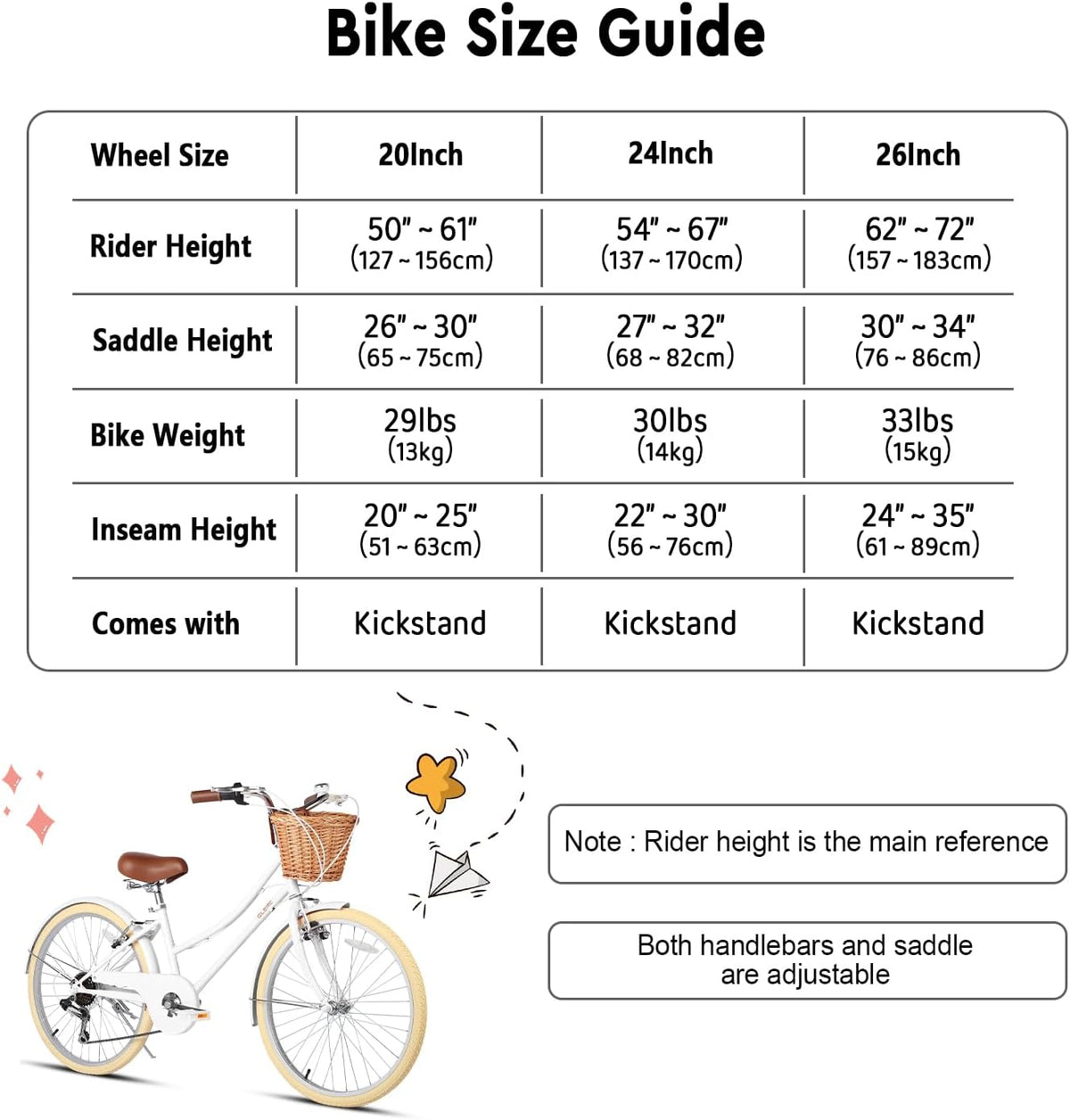 Glerc Missy 20, 24, 26 pulgadas bicicleta híbrida urbana tipo crucero para niñas, de 6 velocidades, con cesta de mimbre, para jóvenes mayores de 6 años, varios colores