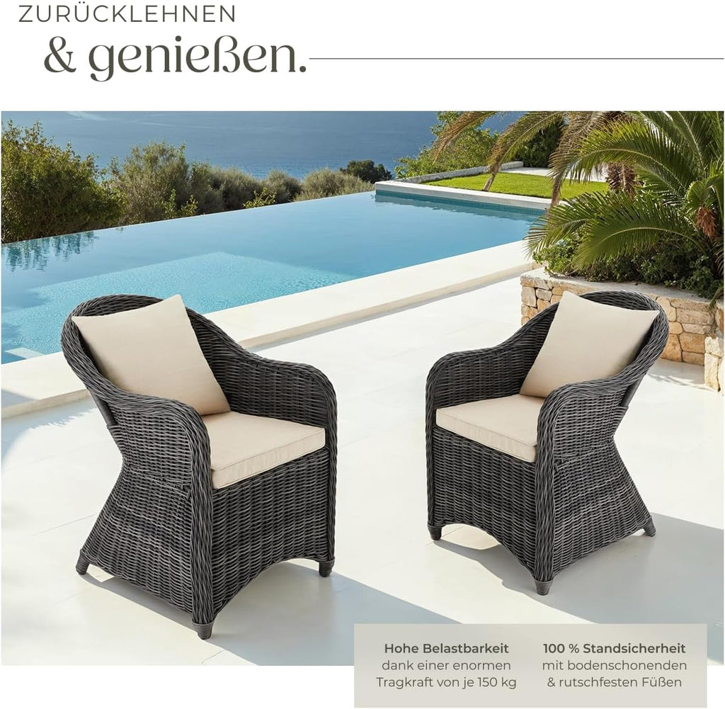tectake® Set de 2 sillas de jardín de polirratán y aluminio, mobiliario de jardín con 2 sillones, resistente a la intemperie, sillón de jardín de ratán con cojines suaves, funda extraíble y lavable, estable y protector de suelos - gris