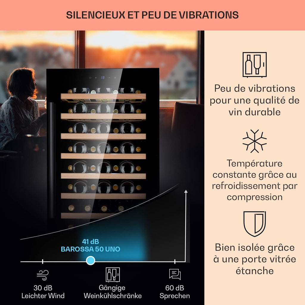 Klarstein Vinoteca, Nevera para Vinos con Puerta de Cristal, Bodega Envejecedora, Zona Única, Prosecco, Cerveza, Pantalla Táctil, Minibar, Frigorífico, Protección UV, 5-18°C, 52 Botellas