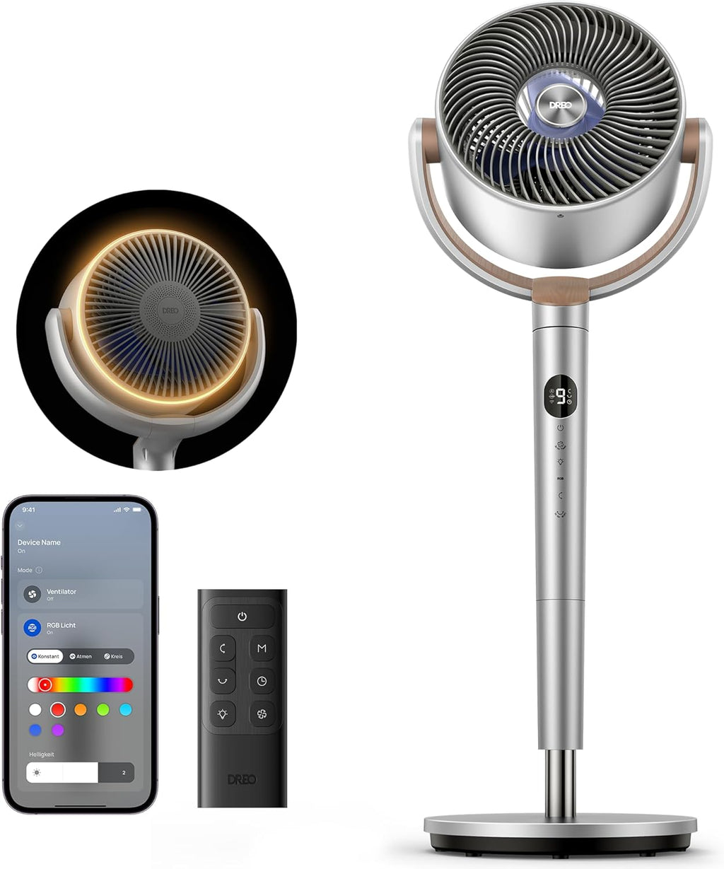 Ventilador de pie inteligente Dreo con luz RGB, oscilación de 120° + 120° con control remoto, ventilador de suelo silencioso de 20 dB para dormitorio, temporizador de 8 horas, plateado