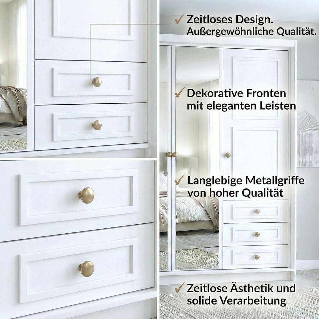 Armario de 4 puertas A und J MöbelLand Oslo con 3 cajones - 200 x 215 cm - Armario de puertas batientes con barra para colgar ropa y estantes, diseño moderno con tiradores de metal