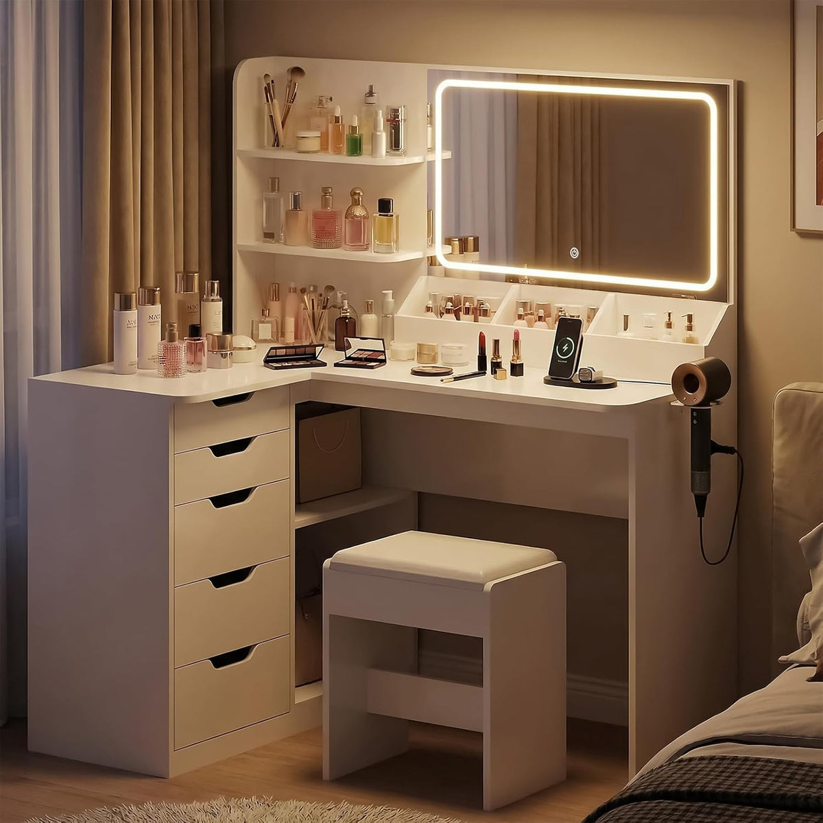 JUMMICO Tocador con espejo y luz, tocador esquinero en forma de L con iluminación LED de 3 colores, mesa de maquillaje de 120 cm de ancho con 5 cajones y enchufes, blanco