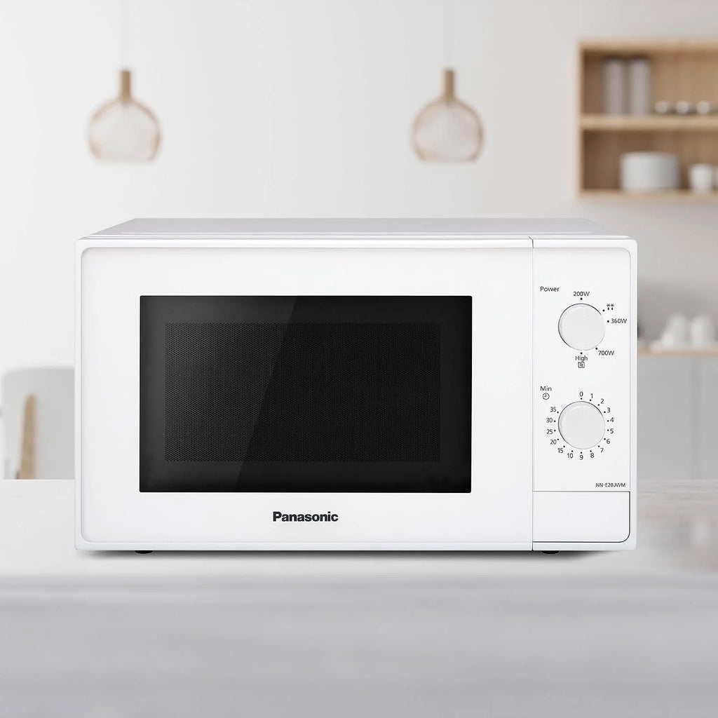 Panasonic NN-E20JWMEBG Kuchenka mikrofalowa ze szklanym talerzem obrotowym, 20 L, 800 W, ustawienie rozmrażania, 5 poziomów mocy, timer, biała