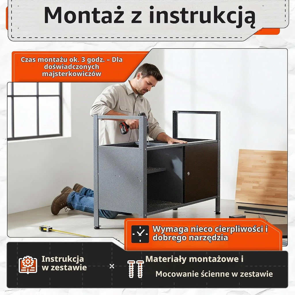 Ondis24 Stół warsztatowy Klaus 120 cm, metalowe drzwi zamykane, nogi z regulacją wysokości, wysokość robocza 85 cm, czarny blat bukowy