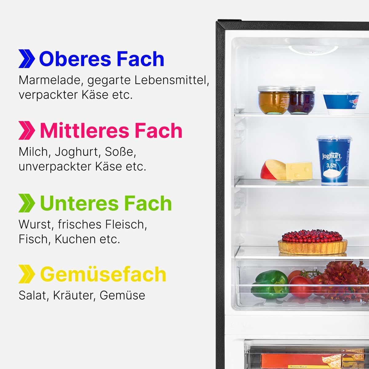 Bomann, KG320, Refrigerador y congelador 175L, Control de temperatura continuo, Bisagras de puerta a la derecha, intercambiables, Patas ajustables, Negro