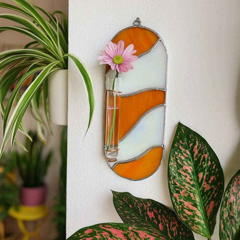 Jarrón de pared de vidrio tintado, onda naranja-rosa, técnica Tiffany con lámina de cobre, con tubo de ensayo | Estación de propagación, decoración de pared