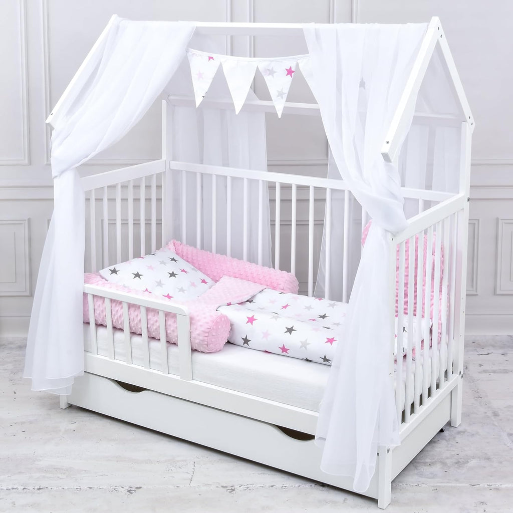 Set completo de cuna Baby Delux, cama casita de 60x120 cm, color blanco, con cajón, barrera anticaídas, colchón, ropa de cama y set de decoración (Prince Stars)