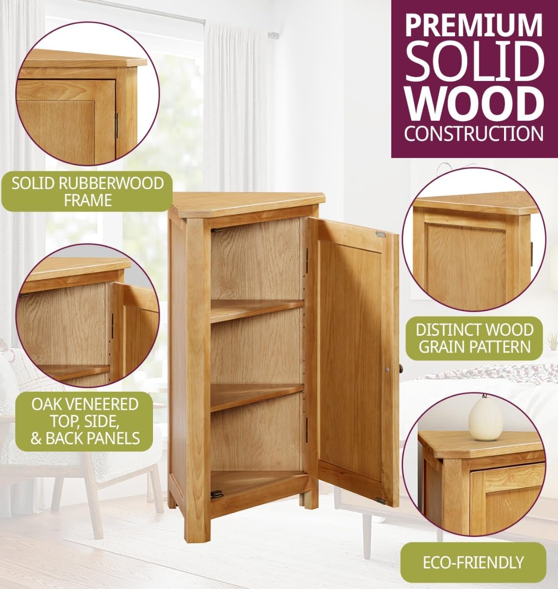 Mueble esquinero Hallowood Furniture Aston de roble, mueble esquinero pequeño de madera para salón con armario de 1 puerta + 2 estantes ajustables, estantería y mesa para teléfono de roble versátil