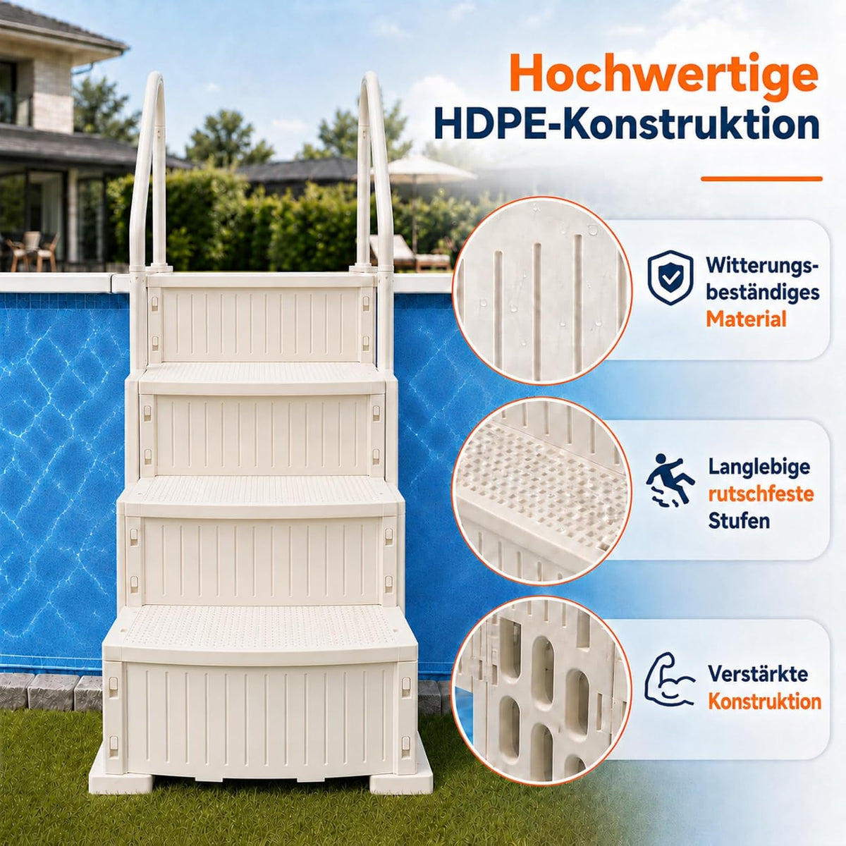 Escalera de piscina de 4 peldaños, escalera de piscina de HDPE blanco con doble pasamanos y antideslizante, capacidad de carga máxima de 180 kg para piscinas elevadas de 122–137 cm, piscina de jardín, piscinas enterradas, familias y personas mayores