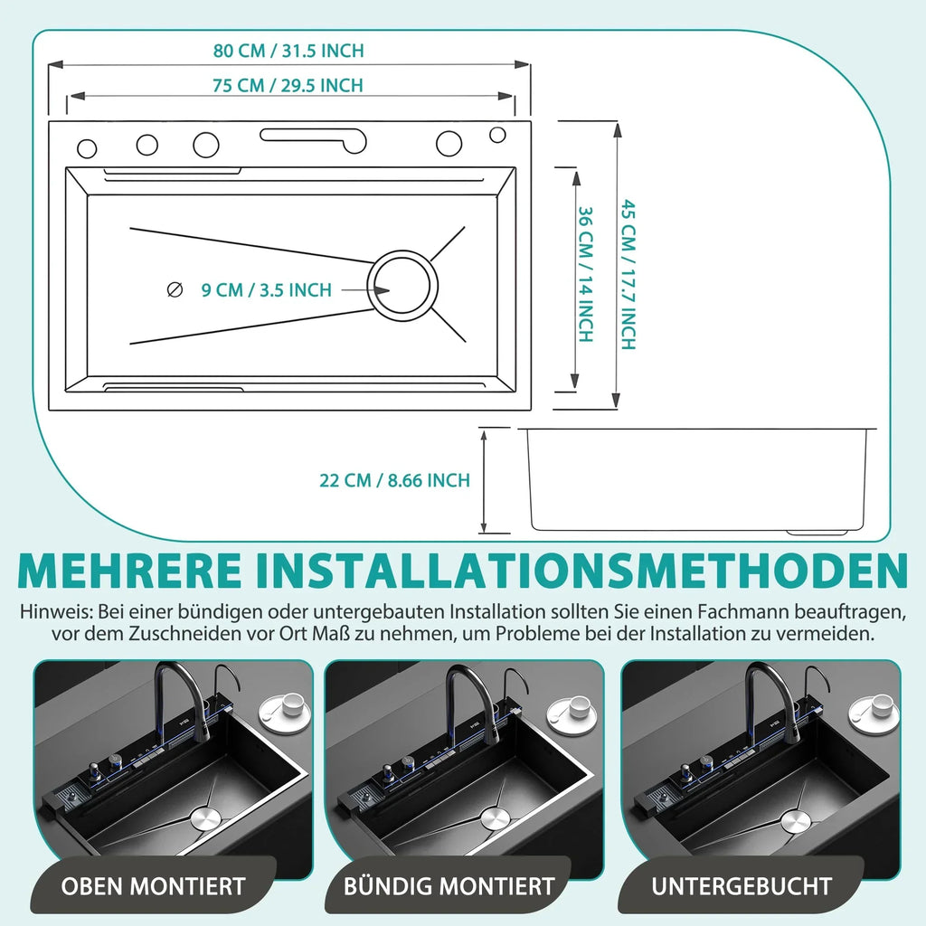 Fregadero de cocina de acero inoxidable 80 x 45 x 22 cm, cubeta individual con indicador de temperatura LED, grifo tipo cascada extraíble y kit de desagüe