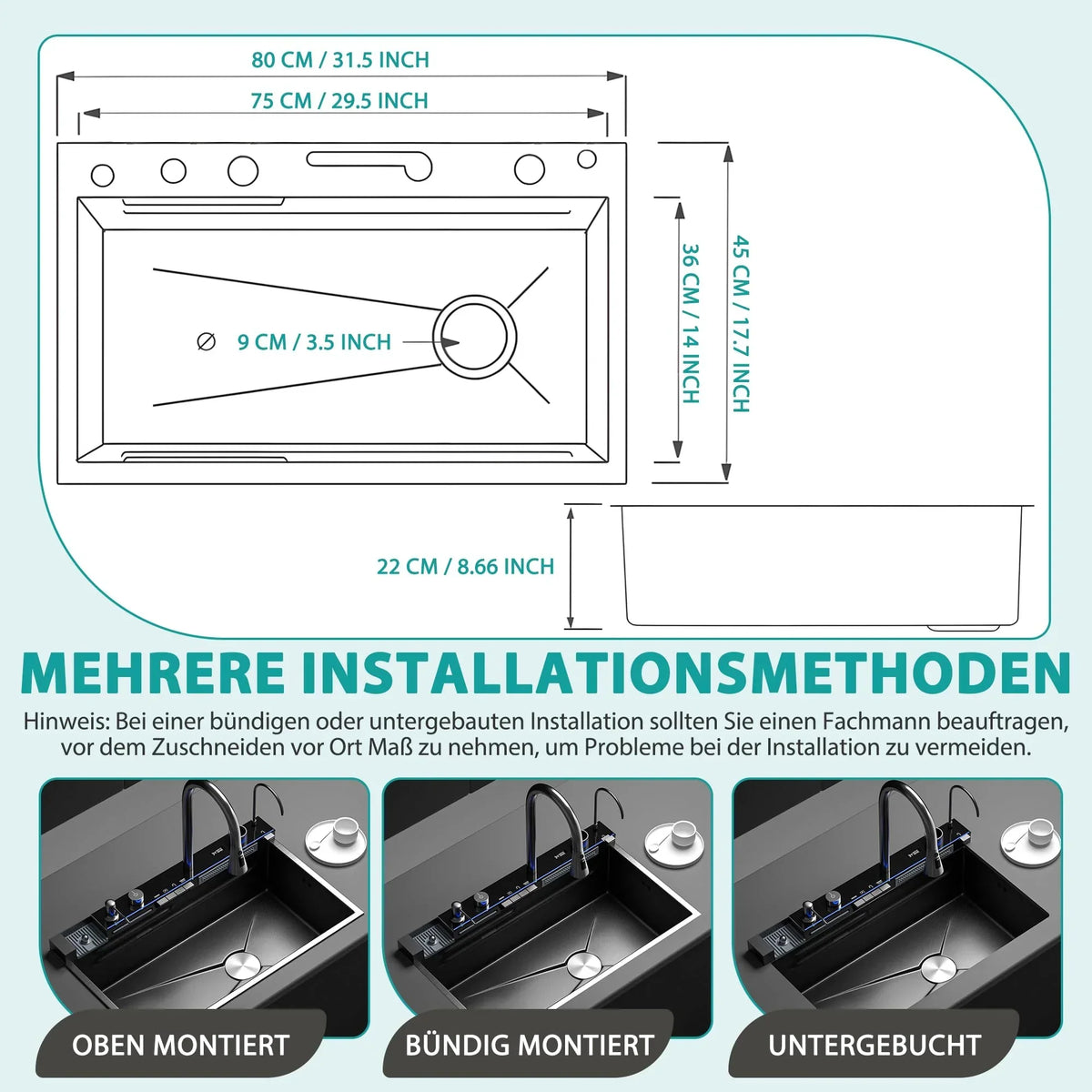 Fregadero de cocina de acero inoxidable 80 x 45 x 22 cm, cubeta individual con indicador de temperatura LED, grifo tipo cascada extraíble y kit de desagüe