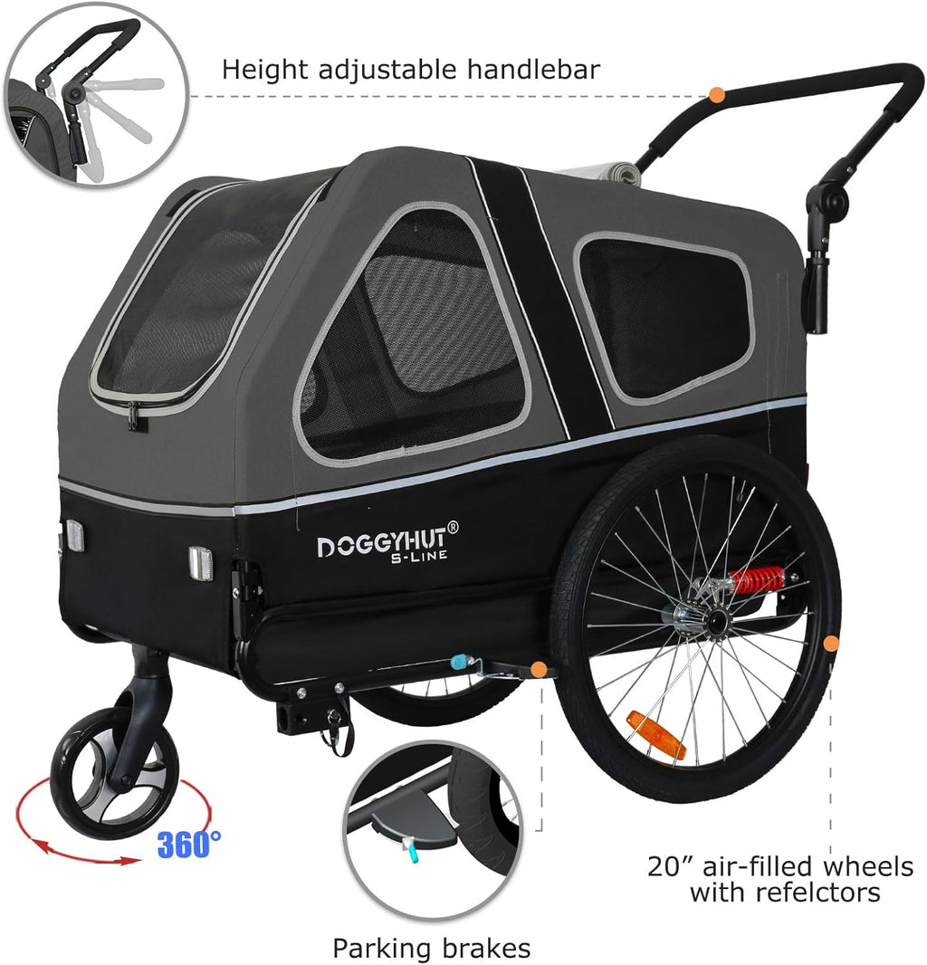 Doggyhut S-Line XL Remolque y cochecito para perros con suspensión 2 en 1, remolque de bicicleta para perros y jogger con suspensión hasta 45 kg