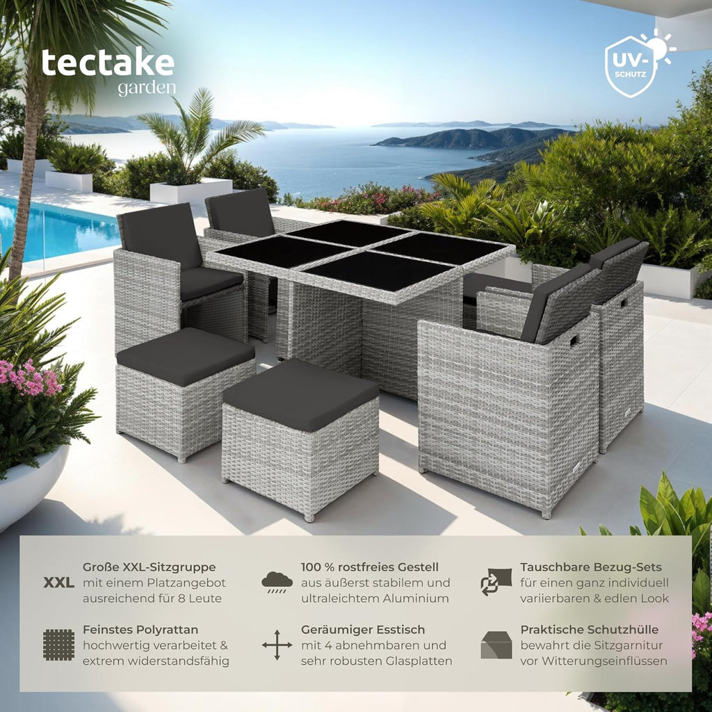 tectake® Juego de muebles de salón, 4 sillas, 4 taburetes, 1 mesa, almacenamiento en cubo que ahorra espacio, muebles de jardín de ratán para exterior, balcón, jardín y terraza, con funda y fundas de repuesto - gris claro