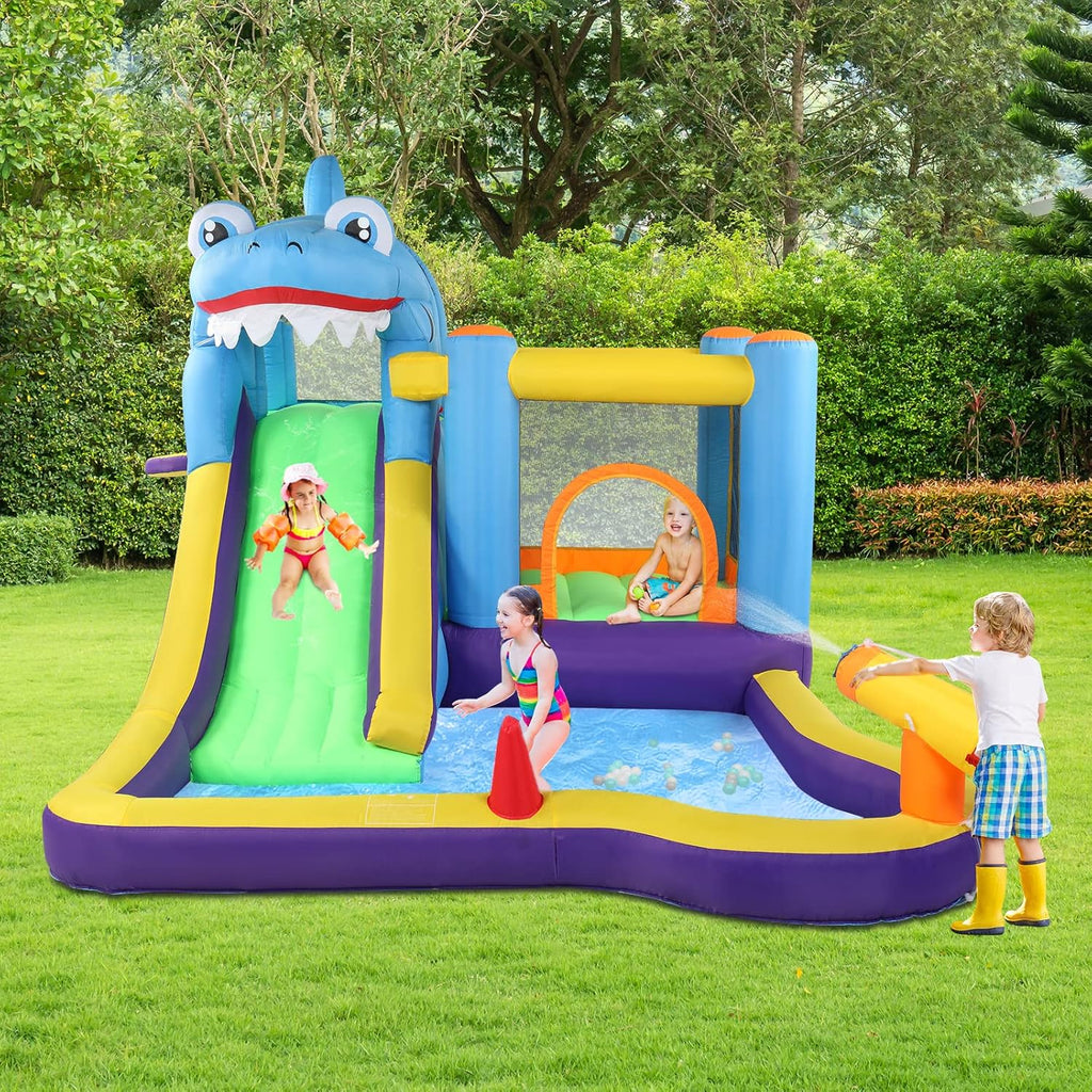 LEADZM Castillo hinchable con soplador, parque acuático inflable con temática de tiburón, con trampolín, tobogán, piscina, pistola de agua, adecuado para 3 niños de 3 a 10 años, 380x260x240 cm