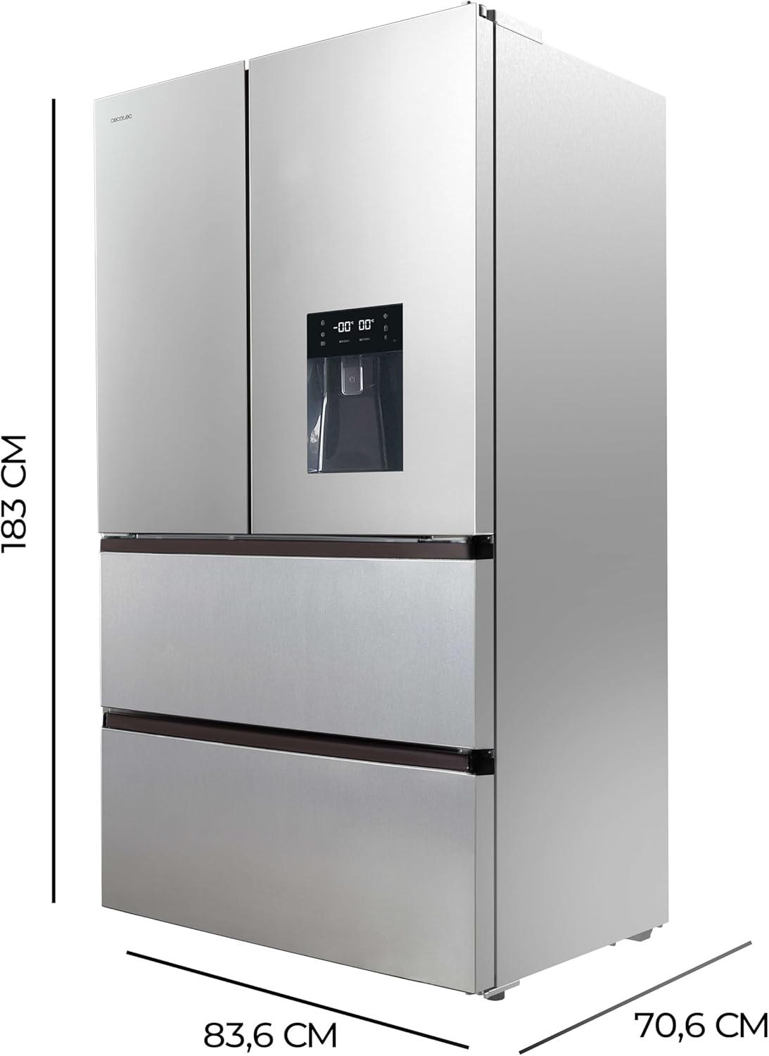 Frigorífico de doble puerta de acero inoxidable Cecotec con dispensador de agua de 510 L Bolero CoolMarket FD 510 WD Inox E. 183 cm de altura, 84 cm de ancho, motor Inverter Plus, Total NoFrost