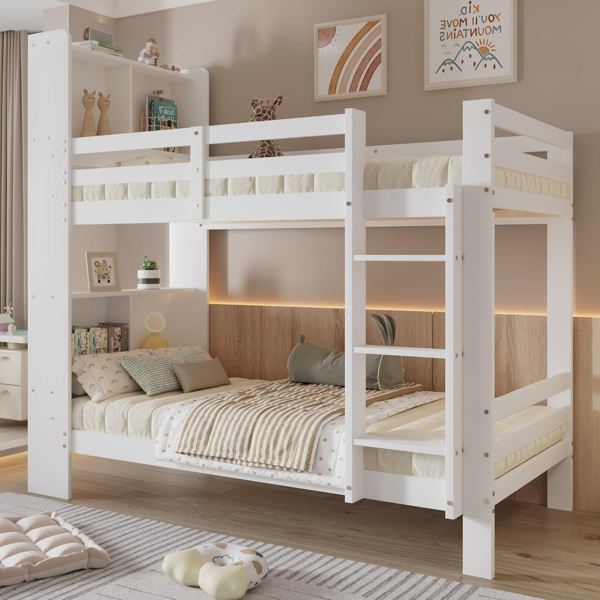 Cama infantil de 90x200 con estantes y escalera, cama funcional litera para 2 niños, litera cama alta juvenil con almacenamiento y somier, cama juvenil con marco de madera maciza, sin colchón, blanca