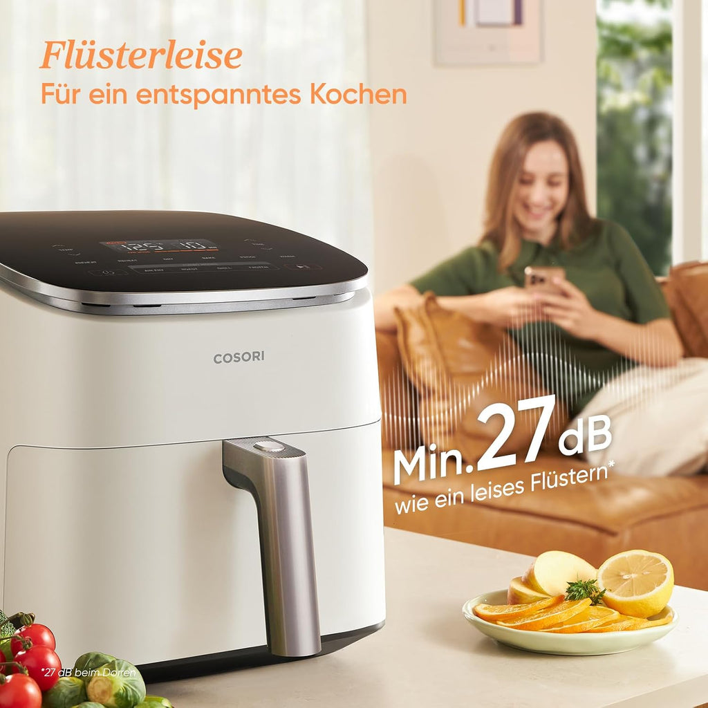 Freidora de aire Cosori Turboblaze, freidora de aire 9 en 1 XXL de 6 l, motor CC silencioso con 5 niveles de velocidad, asar, hornear, fermentar, deshidratar, 87 recetas, 64 % de ahorro de energía, blanco