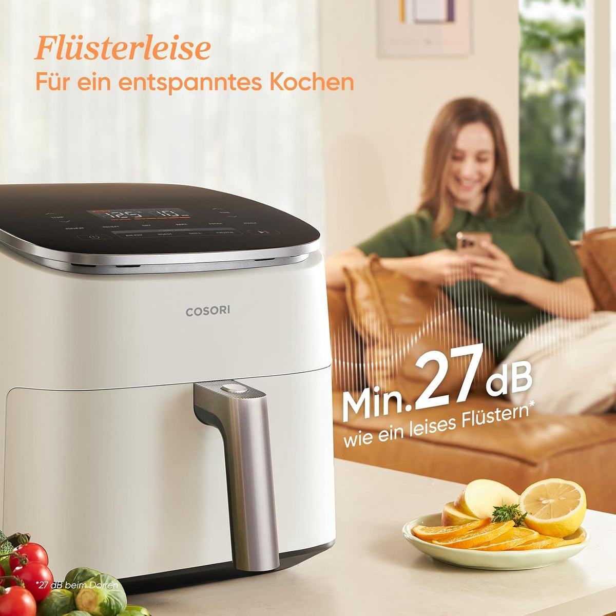 Freidora de aire Cosori Turboblaze, freidora de aire 9 en 1 XXL de 6 l, motor CC silencioso con 5 niveles de velocidad, asar, hornear, fermentar, deshidratar, 87 recetas, 64 % de ahorro de energía, blanco