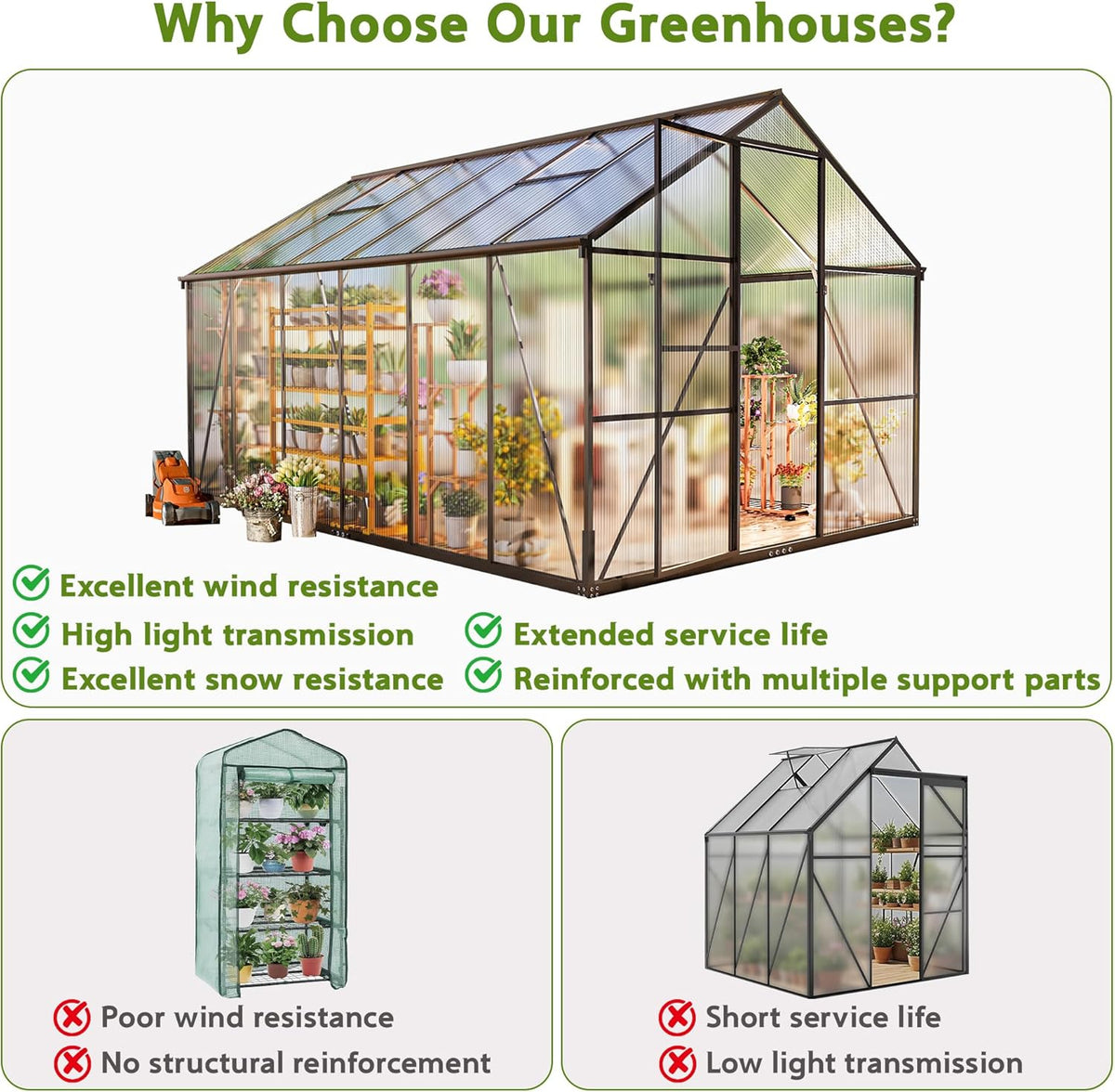 Invernadero de aluminio para jardín, 362x247x205cm invernadero de aluminio con cimientos, ventilación de techo ajustable, uso versátil como invernadero de cultivo resistente al invierno y casa para plantas