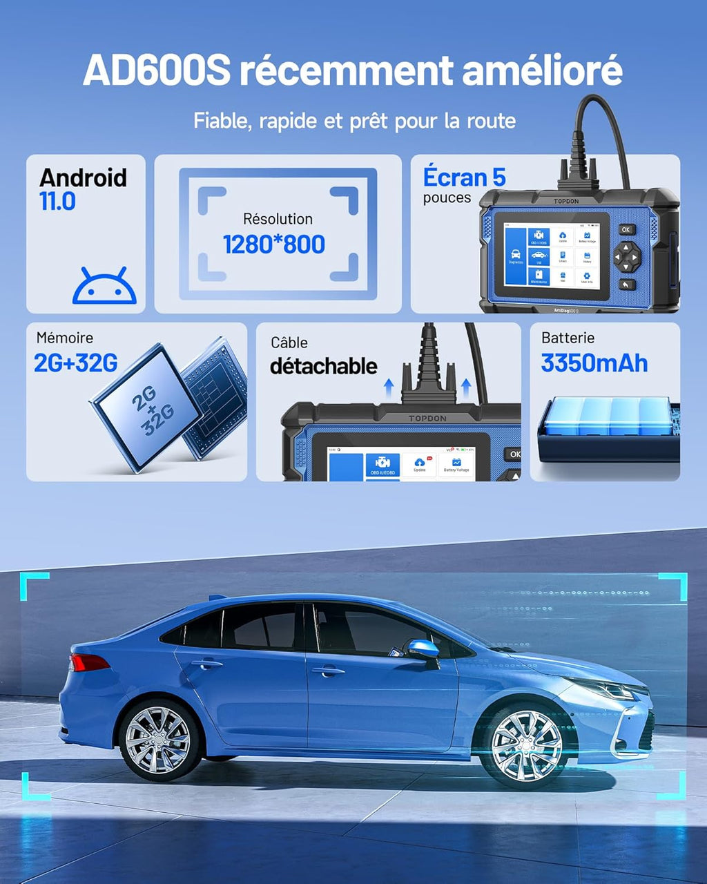 TOPDON ArtiDiag600S Escáner de diagnóstico OBD2, herramienta de diagnóstico de coche para 4 sistemas, 9 funciones de restablecimiento para aceite/frenos/SAS/BMS/ABS/DPF/TPMS/acelerador, funciones OBD2 completas
