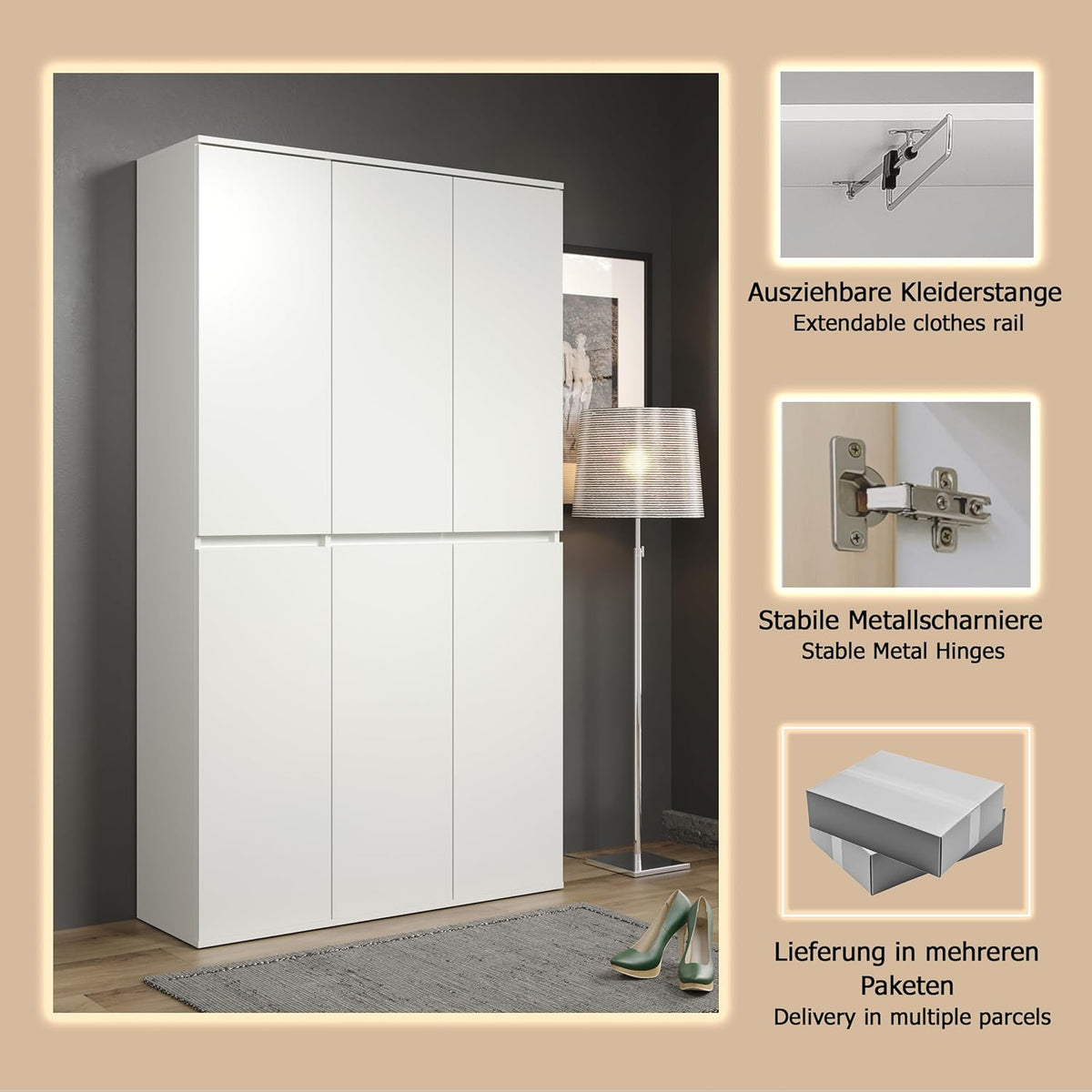 trendteam smart living - Nevada - Armario multiusos - Blanco - Armario con 6 puertas, 12 estantes y 1 barra para ropa - (AnxAlxPr) 111 x 191 x 34 cm - puertas sin tiradores