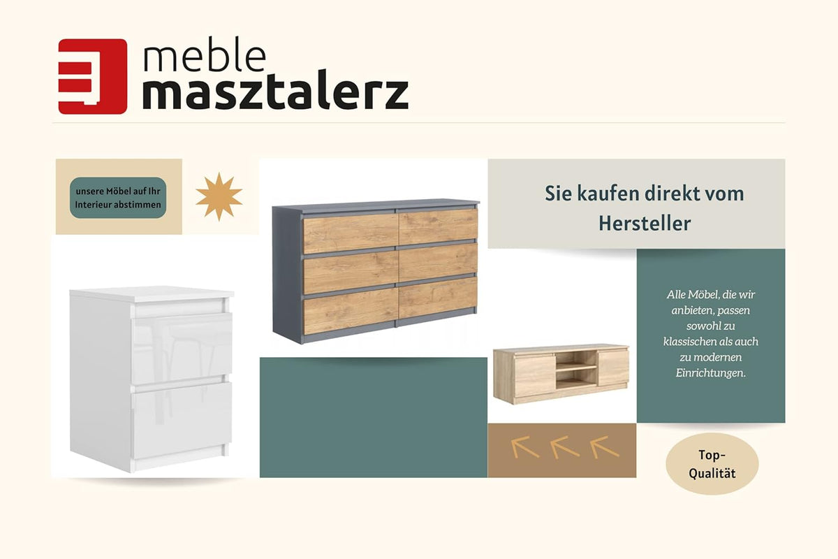 Meble Masztalerz Cómoda con frentes en blanco brillante y 5 cajones de 70 cm, aparador para salón y dormitorio, Al.: 124,5 cm, An.: 70 cm, Pr.: 39 cm - Cómoda con cajones - Cajonera