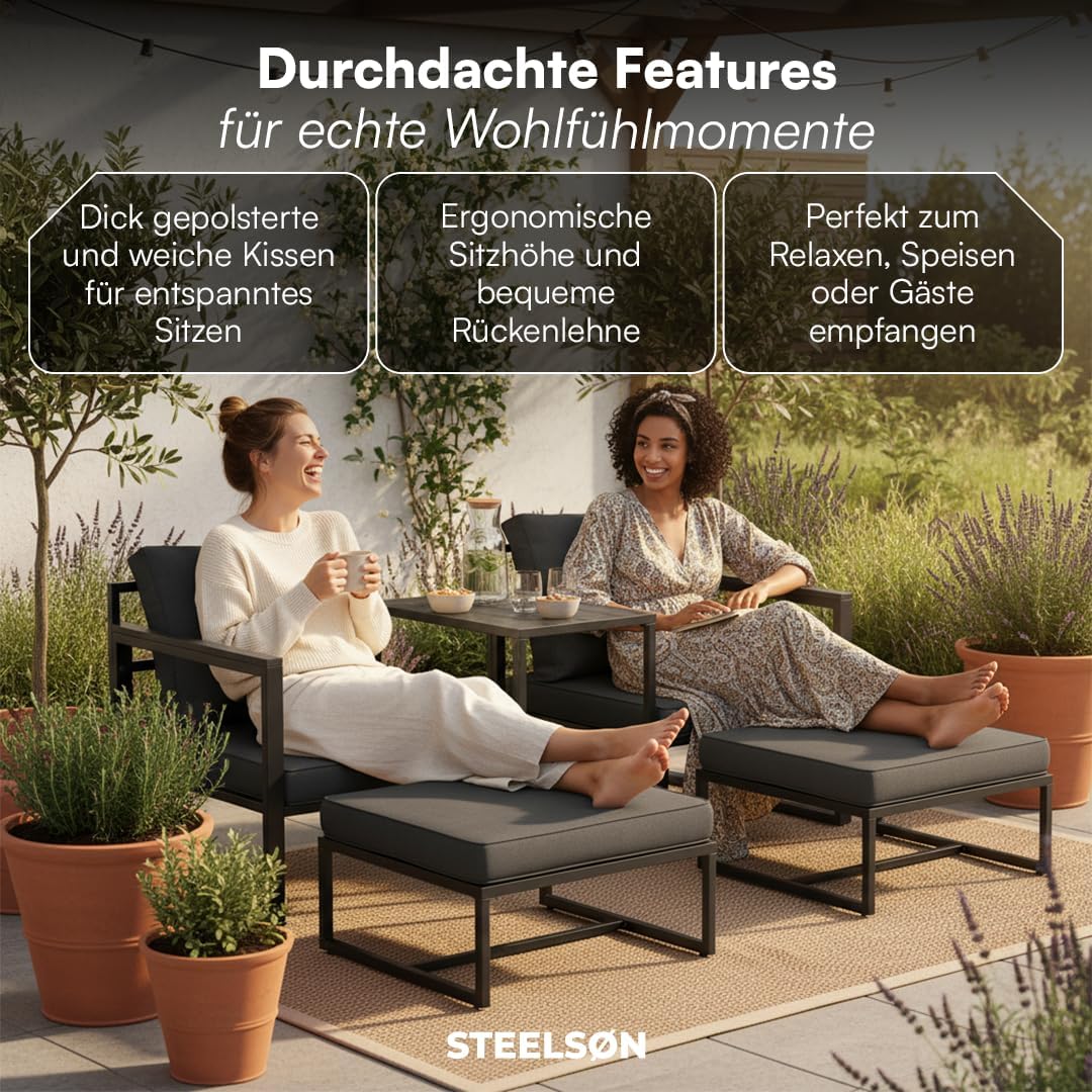STEELSØN Asteri Sitzgruppe 5-teilig – Gartenmöbel Set mit 2 Sessel, 2 Hocker, 1 Tisch – Balkonlounge Metallgestell Schwarz – inkl. Sitzpolster anthrazit – Terrassenlounge für 2-4 Personen – wetterfest