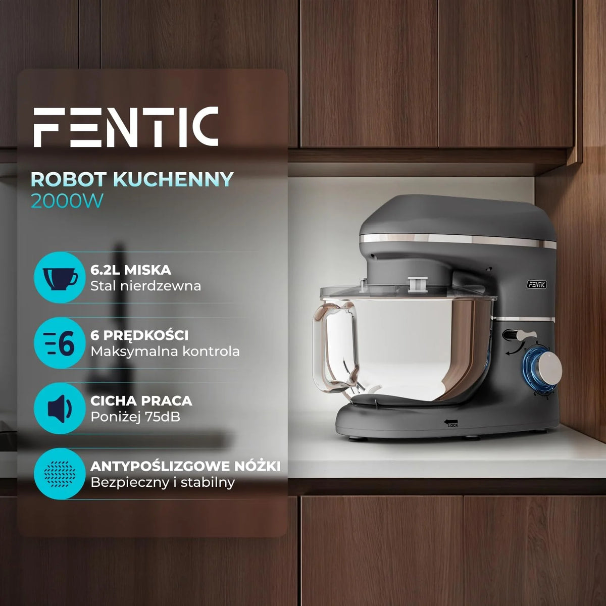 Robot kuchenny - 2000 W - miska do mieszania ze stali nierdzewnej (6,2 l) - mikser kuchenny z mieszania, hakiem do zagniatania, trzepaczką i ochroną przed pryskaniem - w zestawie