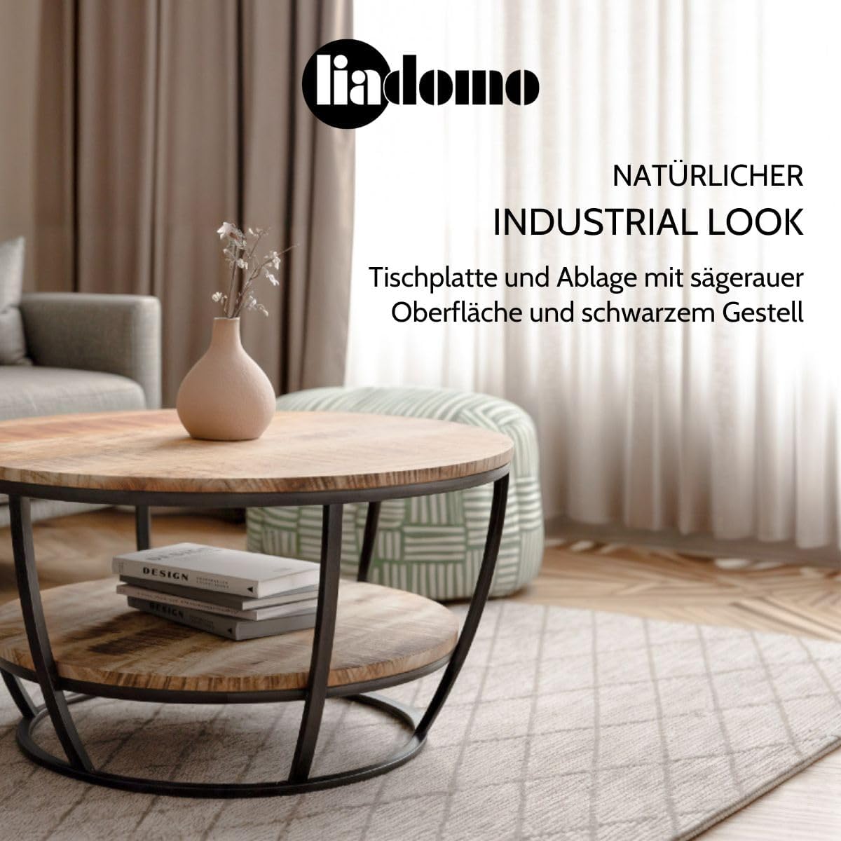 Mesa de centro Gianna, redonda 86 cm, mesa de salón, mesa auxiliar, tablero de madera de mango, estructura de metal con recubrimiento en polvo negro, con estante adicional, robusta, de fácil mantenimiento