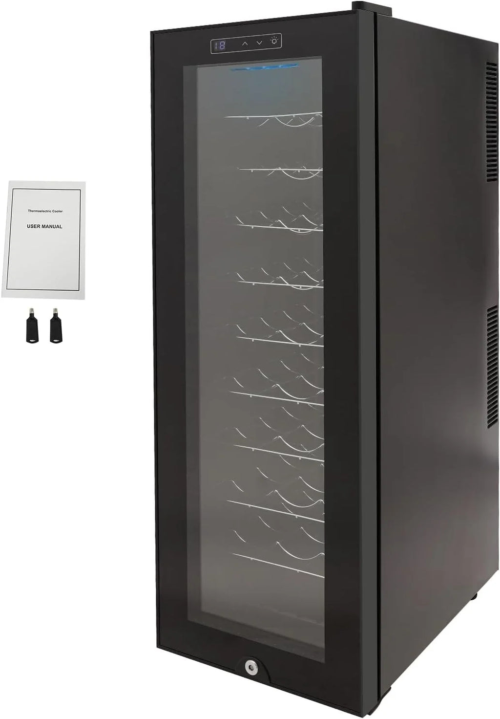 Lodówka na wino, 30 butelek, 90 l, oświetlenie LED, chłodziarka do wina, ekran dotykowy, wzmocnione szklane drzwi, wolnostojąca, zakres temperatur 12-18°C, 50,5 x 34,5 x 98,5 cm