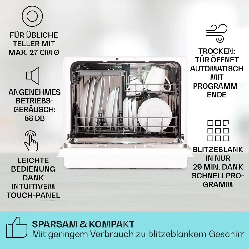 Klarstein Mini zmywarka na 5 kompletów, Cicha mała zmywarka z 7 programami, Mała zmywarka stołowa do domu, biura i na kemping, Mini zmywarka z podłączeniem do wody