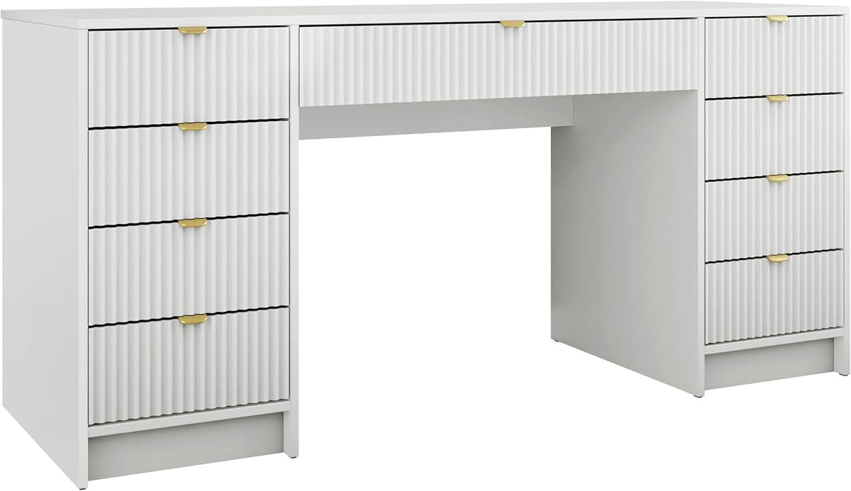 Escritorio Mirjan24 Tireno Bis, 9 cajones con frentes acanalados, escritorio para estudiantes, mesa de ordenador, escritorio infantil, mesa de trabajo, mesa para PC, habitación juvenil, habitación infantil (blanco velvet)